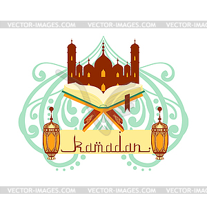 Ramadan greeting card with arabic calligraphy. Kora - vector image