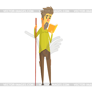 Bearded man holding long wooden pointer and - vector image