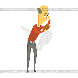 Senior man wearing glasses standing and reading - vector clipart