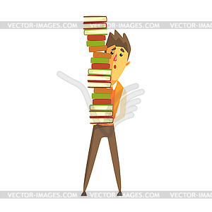 Student standing and holding pile of books. Colorfu - vector clipart