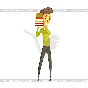 Young man standing and holding stack of books. - vector image