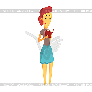 Cute young woman standing and reading book. Colorfu - vector EPS clipart