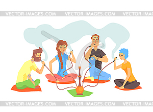 Young Cool Hipsters Smoking Hookah Sitting On - vector clip art