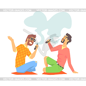 Young Hipster Guys Smoking Vaporizers Sitting On - vector clipart