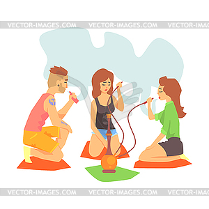 Young Cool Hipsters Smoking Hookah And Vaporizer - vector image