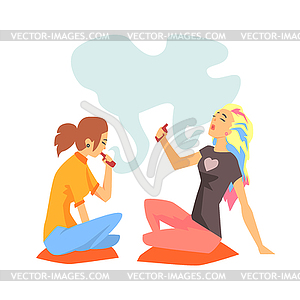 Young Hipster Girls Smoking Vaporizers Sitting On - vector image