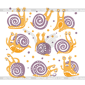 Yellow Snail With Purple Shell Different Poses Set - vector EPS clipart