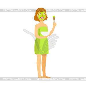 Woman standing with green face mask applied to her - vector clip art