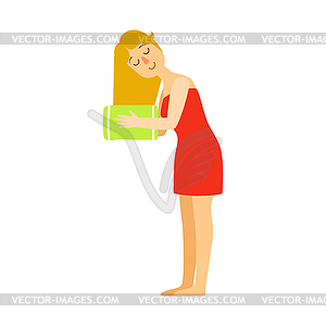 Woman wipes her hairs with green towel. Colorful - vector EPS clipart