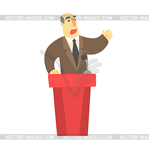 Man public speaking behind red tribune in brown suit - royalty-free vector image