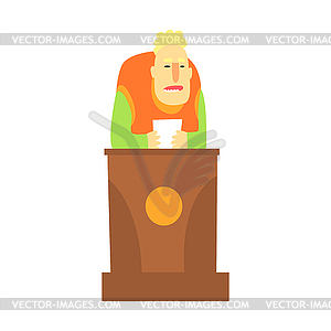 Man standing behind tribune and holding paper in hi - vector clip art