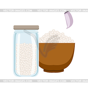 Sea salt in wooden bowl and glass jar. Colorful - vector image