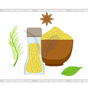 Семена кунжута в деревянной миске и стеклянной банке, травы с - изображение в векторном формате