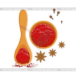 Paprika powder in wooden bowl and spoon, colorful - vector image