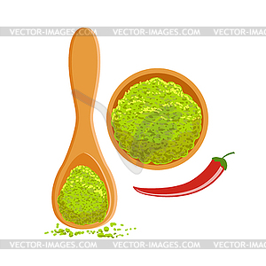 Svanuri marili wooden bowl and spoon. Colorful - vector image