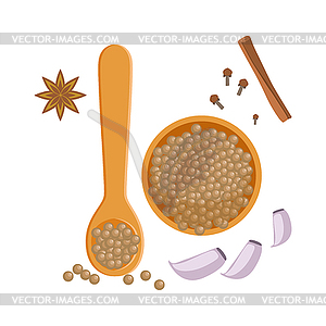 Peppercorns in wooden bowl and spoon, herbs and - vector clipart