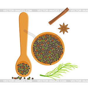 Wooden bowl and spoon of peppercorns, herbs and - vector EPS clipart