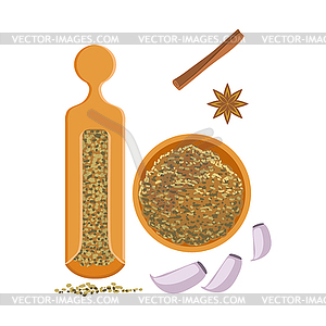 Fennel seeds in wooden bowl and wooden shaker. - stock vector clipart