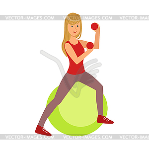 Young blond woman exercising on green fitball, - royalty-free vector clipart