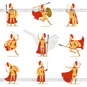 Spartan Soldier In Golden Armor And Red Cape Set - vector image