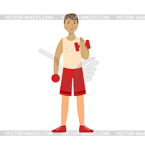 Young man exercising with dumbbells. Colorful - vector image