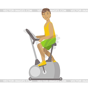 Young brunette male is working out in cycling gym. - vector clipart