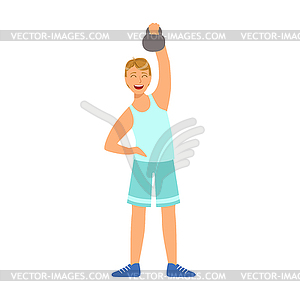 Man in sportswear doing workout with kettlebell. - vector clipart