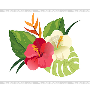 Beautiful hibiscus flowers and palm leaves. - color vector clipart