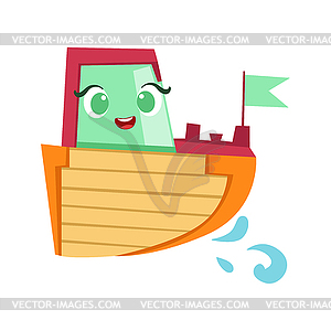 Green, Red And Orange Boat, Cute Girly Toy Wooden - vector image