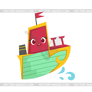 Pink, Green And Yellow, Cute Girly Toy Wooden Ship - vector clip art