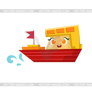 Red And Orange Cargo Ship, Cute Girly Toy Wooden - vector image