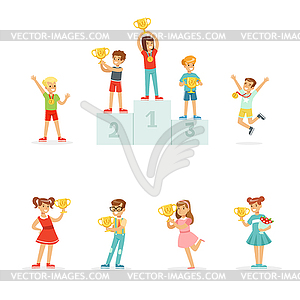 Smiling young boys and girls celebrating their - color vector clipart