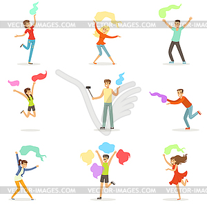 Smiling people dancing with shawl set for label - vector clipart