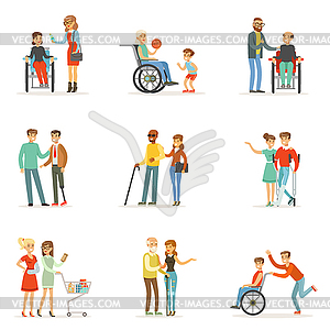 Disabled people and friends helping them set for - vector image