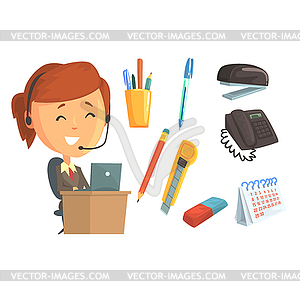 Smiling woman in headset, set for label design. Wor - vector image