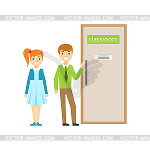 Boy And Girl In Front Of Classroom Door, Part Of - vector clipart