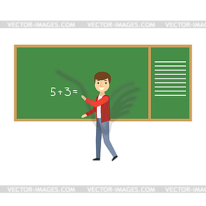 Boy Solving Math Problem On Blackboard In Classroom - vector image