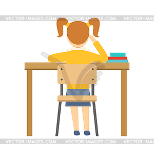 Bored Girl Sitting At Desk In Classroom, Part Of - vector clipart