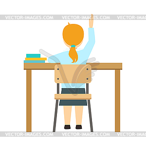 Girl Raising Hand Sitting At Desk In Classroom, Par - vector image