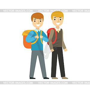 Two Boys Walking To School Together, Part Of - vector clip art