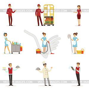 Staff in hotel set for label design. Receptionist, - vector image