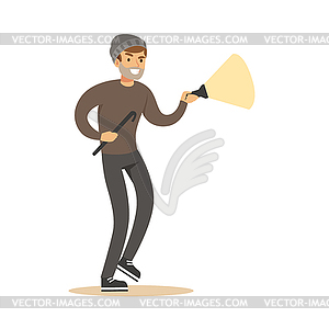 Thief in black mask on eyes with flashlight and nai - vector clipart