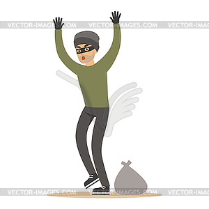 Robber man in black mask holding hands up. - vector clip art