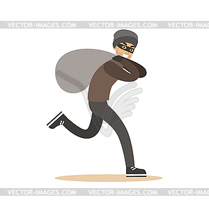 Robber in mask running with huge sack. Colorful - color vector clipart