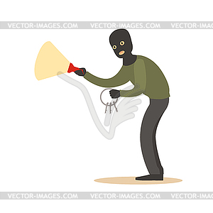 Thief in black mask with master keys and flashlight - vector clip art
