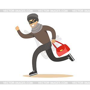 Thief running with stolen red bag. Colorful - vector clipart