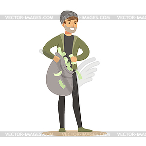 Robber carrying sack of money. Colorful cartoon - color vector clipart