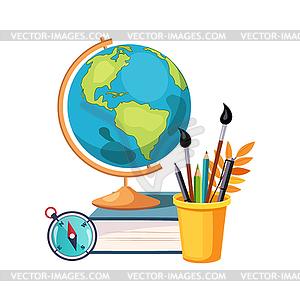 Geography, Globe And Writing Tools, Set Of School - royalty-free vector clipart