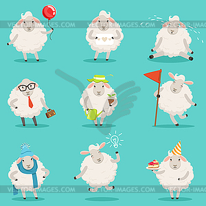 Funny cute little sheep cartoon characters set for - vector clipart