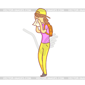 Unhealthy girl blowing her nose with tissue. - stock vector clipart